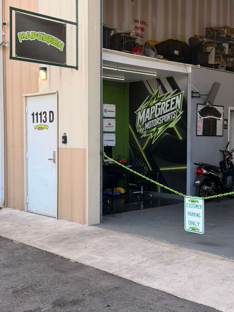 Mapgreen Motorsports front door and shop sign